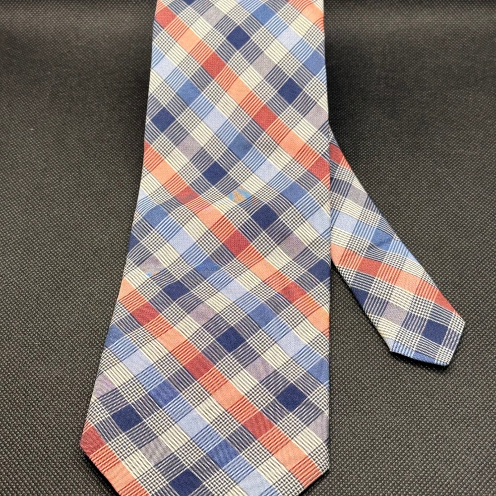 Vintage Brooks Brothers Blue Orange Plaid Silk Tie 4" x 58" Made in USA - Picture 2 of 3